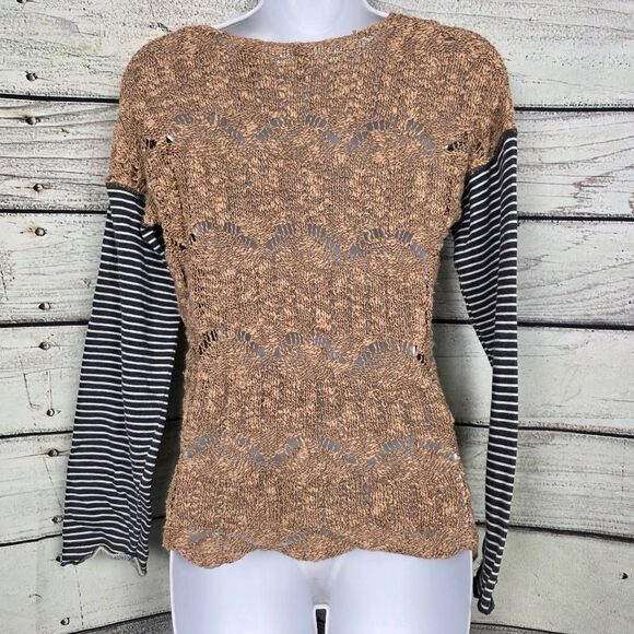 BKE S Tan Knit Sweater with Striped Long Sleeves - Picture 4 of 7